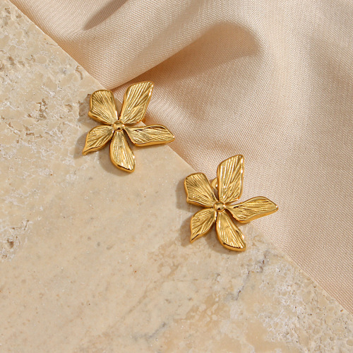 ETSMJ295 18K Gold Plated Stainless Steel Textured Petal Stud Earrings Women's Fashion Jewelry