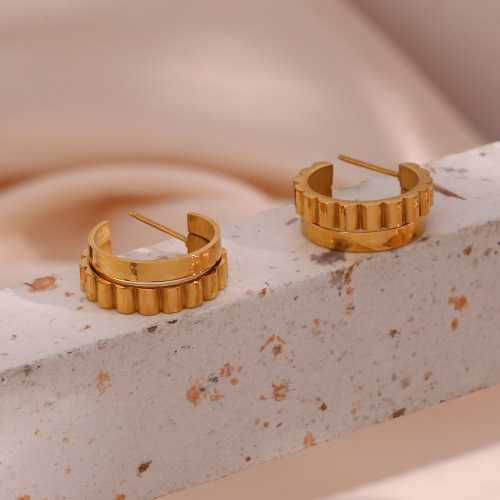 ETSMJ385 Stainless Steel Double Layer Gear C-Shaped Hoop Earrings Women's Fashion Jewelry