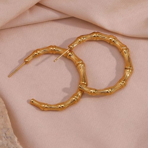 ETSMJ527 18K Gold Plated Stainless Steel C-Shaped Bamboo Hoop Earrings Women's Fashion Jewelry