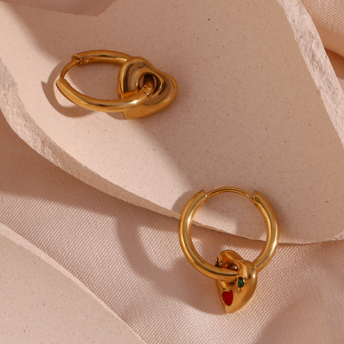 ETSMJ299 18K Gold Plated Stainless Steel Cherry Heart Hoop Earrings Cute Women's Fashion Jewelry