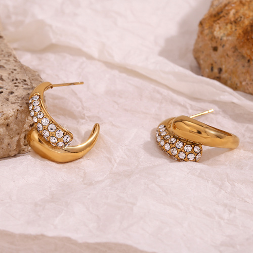 ETSMJ249 18K Gold Plated Comma-Shaped Earrings with Half Pave Zirconia Women's Fashion Jewelry