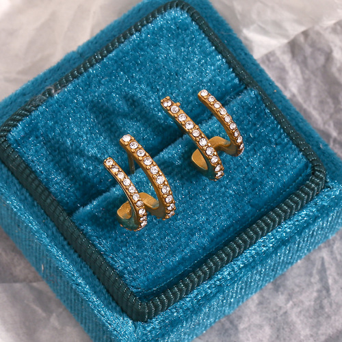 ETSMJ418 18K Gold Plated Stainless Steel Double Layer Micro Pave Full Diamond Stud Earrings Women's Jewelry
