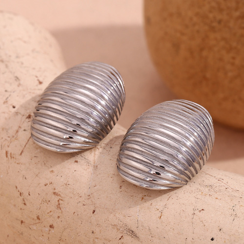 ETSMJ759 18K Gold Plated Stainless Steel Striped Oval Stud Earrings Women's Fashion Jewelry