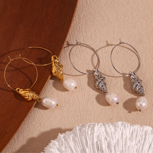 ETSMJ267 18K Gold Plated Stainless Steel Hoop Earrings with Freshwater Pearl and Seashell Women's Fashion Jewelry