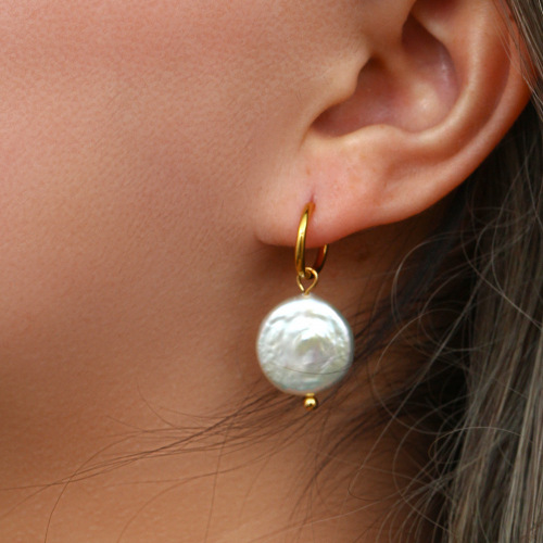 ETSMJ61 18K Gold Plated Stainless Steel Flat Round Freshwater Pearl Hoop Earrings for Women Elegant Jewelry