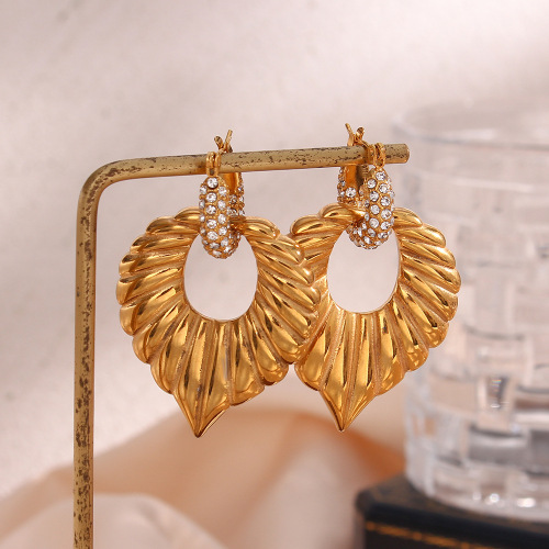 ETSMJ56 18K Gold Plated Stainless Steel Leaf Pendant Hoop Earrings with Full Rhinestones for Women Elegant Fashion Jewelry