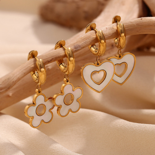 ETSMJ129 18K Gold Plated Stainless Steel Heart Flower Shell Pendant Hoop Earrings Women's Fashion Jewelry