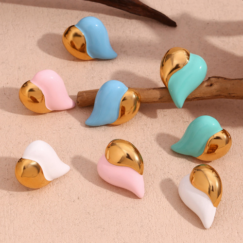 ETSMJ702 18K Gold Plated Stainless Steel Color Block Enamel Heart Stud Earrings Women's Fashion Jewelry