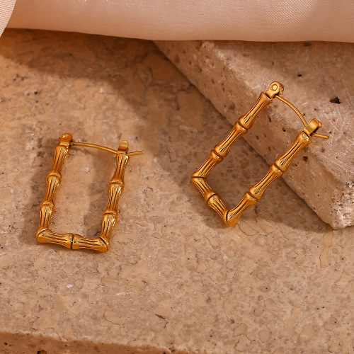 ETSMJ532 18K Gold Plated Stainless Steel Bamboo Rectangle U-Shaped Hoop Earrings Women's Fashion Jewelry