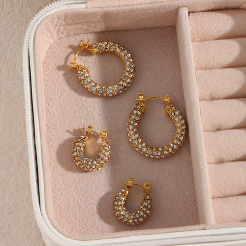 ETSMJ36 18K Gold Plated Stainless Steel U-Shaped Full Zircon Hoop Earrings for Women Sparkling Fashion Jewelry
