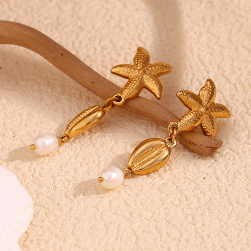 ETSMJ138 18K Gold Plated Stainless Steel Starfish and Conch Tassel Drop Earrings Women's Fashion Jewelry