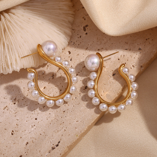 ETSMJ66 18K Gold Plated Stainless Steel Pearl Question Mark Hook Earrings for Women Trendy Fashion Jewelry