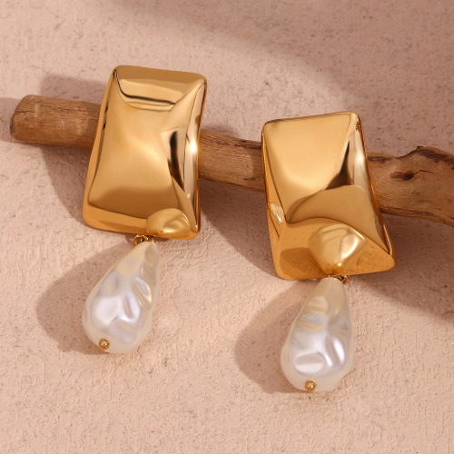 ETSMJ701 18K Gold Plated Stainless Steel Geometric Teardrop Faux Pearl Dangle Earrings Women's Fashion Jewelry