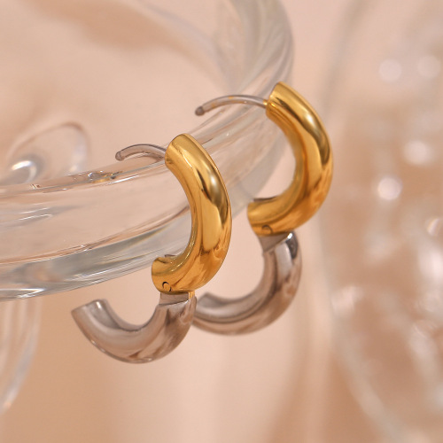 ETSMJ305 Stainless Steel Two-Tone Solid C-Shaped Hoop Earrings Women's Fashion Jewelry