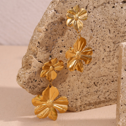 ETSMJ770 18K Gold Plated Stainless Steel Double Flower Drop Earrings Women's Fashion Jewelry