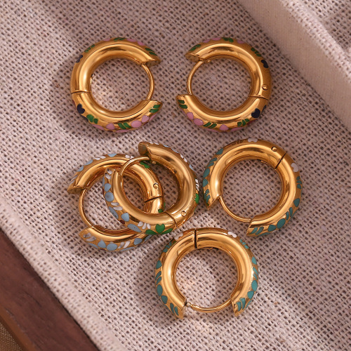ETSMJ718 18K Gold Plated Stainless Steel Enamel Four-Leaf Clover Hoop Earrings Women's Fashion Jewelry