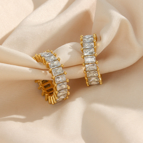 ETSMJ409 18K Gold Plated Stainless Steel Zirconia Hoop Earrings Women's C-Shaped Zircon Jewelry
