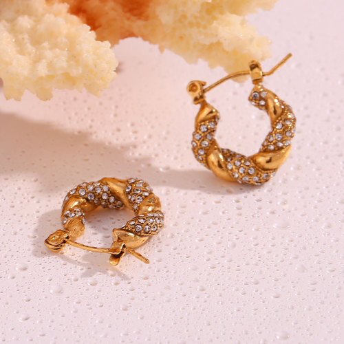 ETSMJ895 18K Gold Plated Stainless Steel Zirconia Twisted Hoop Earrings Women's Fashion Jewelry