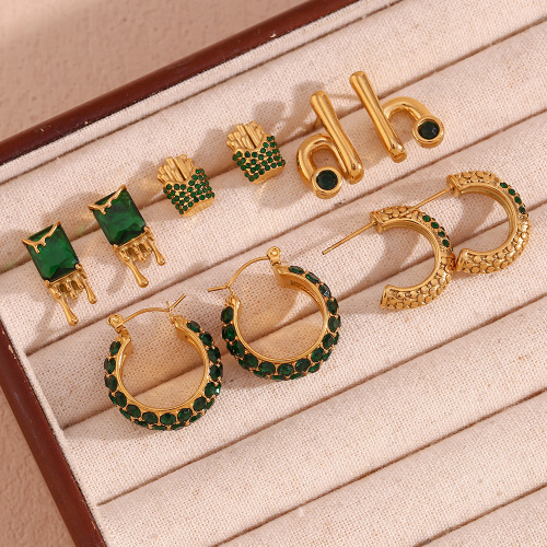ETSMJ458 18K Gold Plated Green Stainless Steel Micro-Paved Cute Earrings Women's Fashion Jewelry