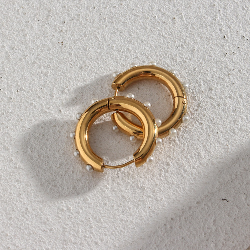 ETSMJ117 18K Gold Plated Stainless Steel Pearl Hoop Earrings Women's Fashion Jewelry Accessories
