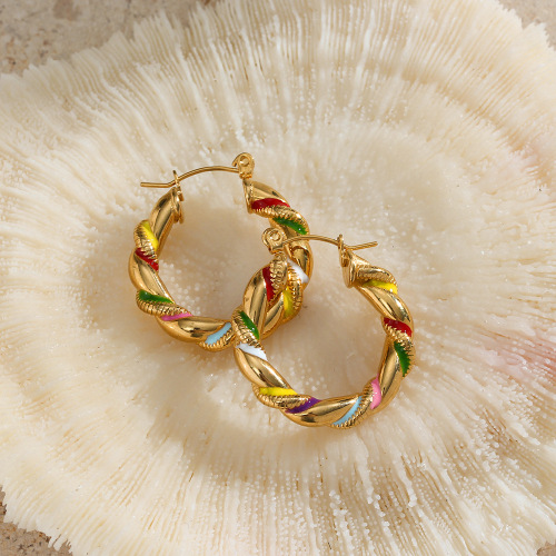ETSMJ396 18K Gold Plated Stainless Steel Colorful Enamel Weave Pattern Hoop Earrings Women's Fashion Jewelry