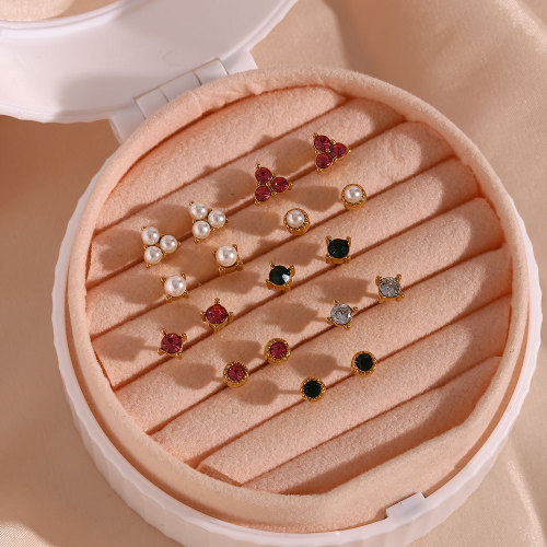 ETSMJ562 Stainless Steel Mini Round Pearl Zirconia Stud Earrings Women's Fashion Jewelry