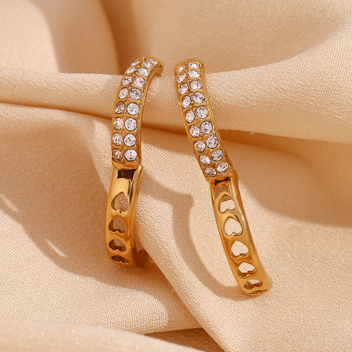 ETSMJ872 18K Gold Plated Stainless Steel Double Row Micro Pave Hollow Heart Hoop Earrings Women's Fashion Jewelry