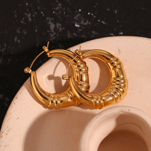 ETSMJ439 18K Gold Plated Stainless Steel Hollow Triple Stripe Hoop Earrings Women's Fashion Jewelry