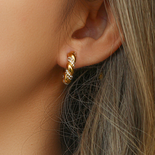 ETSMJ366 18K Gold Plated Stainless Steel Woven Zirconia C-Shaped Hoop Earrings Women's Fashion Jewelry