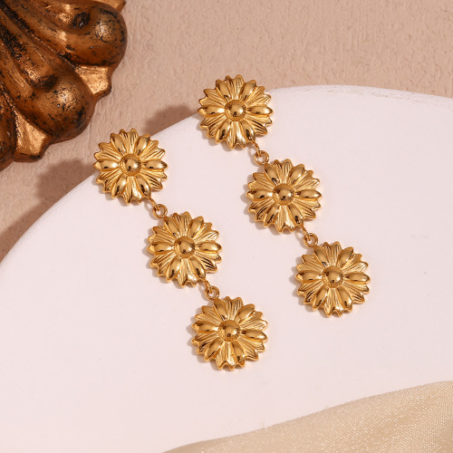 ETSMJ778 18K Gold Plated Stainless Steel Triple Sunflower Drop Earrings Women's Fashion Jewelry