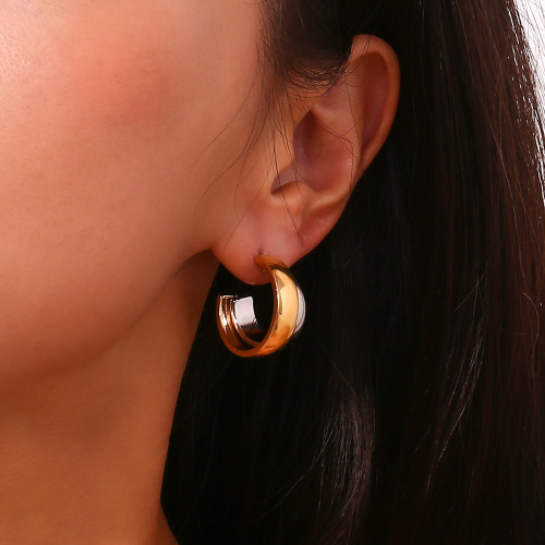 ETSMJ655 18K Gold Plated Stainless Steel Wide Double Layer C-Shaped Hoop Earrings Women's Fashion Jewelry