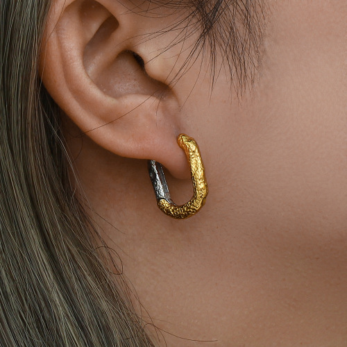 ETSMJ65 Antique Stainless Steel Irregular Pattern Rectangle Hoop Earrings for Women Unique Fashion Jewelry