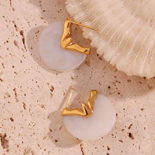 ETSMJ881 18K Gold Plated Stainless Steel Shiny White Fan-Shaped Stud Earrings Women's Fashion Jewelry