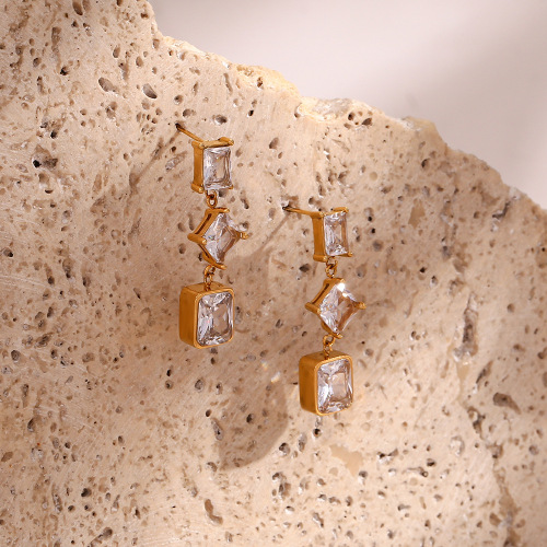 ETSMJ592 18K Gold Plated Stainless Steel Geometric Square Zirconia Chain Drop Earrings Women's Fashion Jewelry