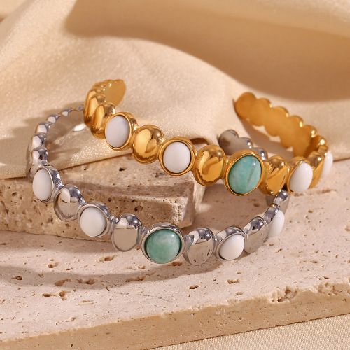 ETSMJ159 18K Gold Plated Stainless Steel Bracelet with Amazonite, White Jade Ring & Earrings Women's Fashion Jewelry Set