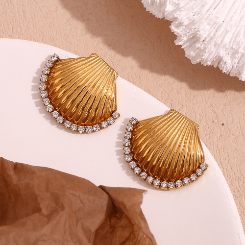 ETSMJ709 18K Gold Plated Stainless Steel Zirconia Edge Scallop Stud Earrings Women's Fashion Jewelry