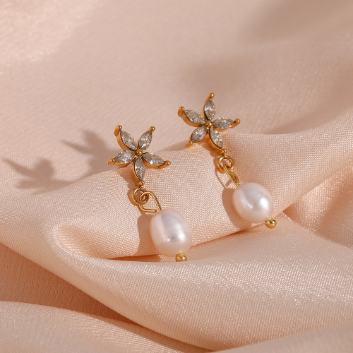 ETSMJ559 Gold Plated Stainless Steel Orchid Zirconia Freshwater Pearl Stud Earrings Women's Fashion Jewelry