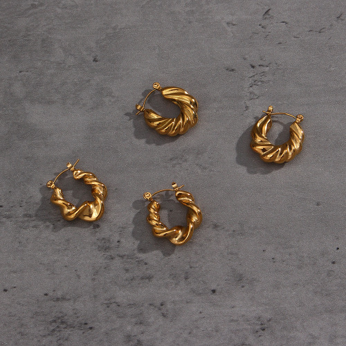 ETSMJ591 18K Gold Plated Stainless Steel U-Shaped Chunky Textured Twisted Hoop Earrings Women's Fashion Jewelry