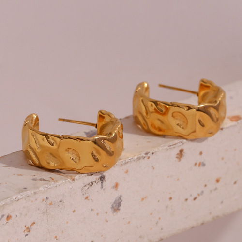 ETSMJ173 18K Gold Plated Stainless Steel Wide C-Shaped Earrings Women's Fashion Jewelry with Irregular Surface