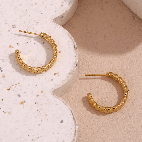 ETSMJ243 18K Gold Plated Stainless Steel C-Shaped Hoop Earrings with Wheat Design Women's Fashion Jewelry