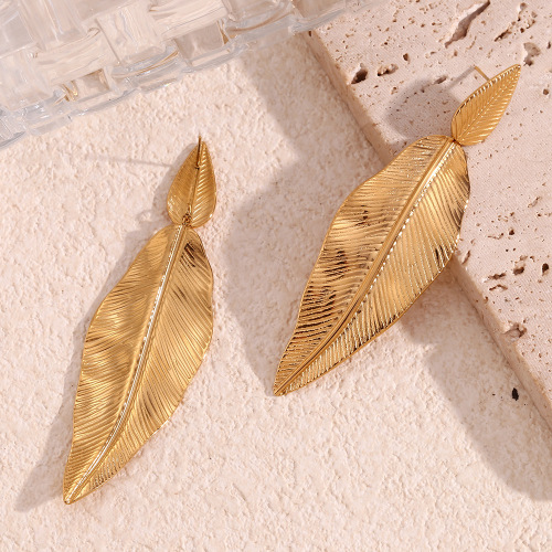 ETSMJ623 18K Gold Plated Stainless Steel Feather and Leaf Drop Earrings Women's Fashion Jewelry