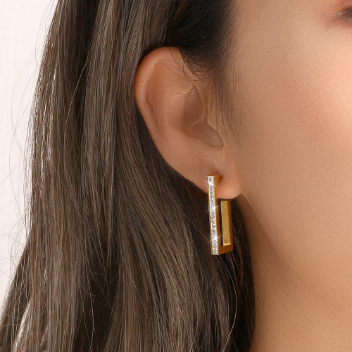 ETSMJ382 18K Gold Plated Stainless Steel Rectangle Diamond Hoop Earrings Women's Fashion Jewelry