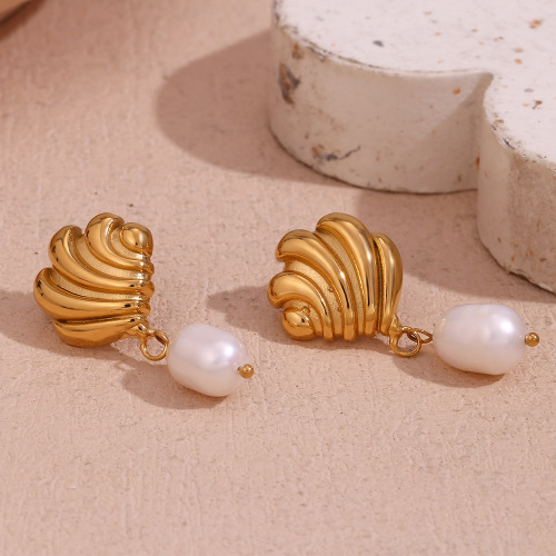 ETSMJ651 18K Gold Plated Stainless Steel Fan-Shaped Wave Pearl Stud Earrings Women's Fashion Jewelry