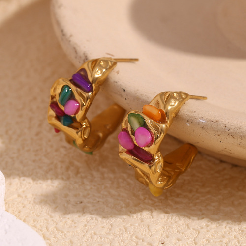 ETSMJ22 18K Gold Plated Stainless Steel Moon Shaped Colorful Rhinestone Stud Earrings for Women Trendy Jewelry