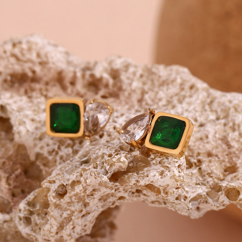 ETSMJ471 18K Gold Plated Stainless Steel Micro Pave Square Green Zircon Drop Earrings Women's Fashion Jewelry