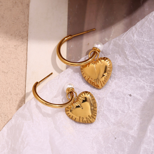 ETSMJ218 18K Gold Plated Stainless Steel Mini Heart Pearl Drop Earrings with Striped Edge Women's Fashion Jewelry