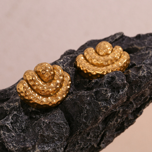 ETSMJ444 18K Gold Plated Stainless Steel Hammered Triple Layer Fan Earrings Women's Fashion Studs