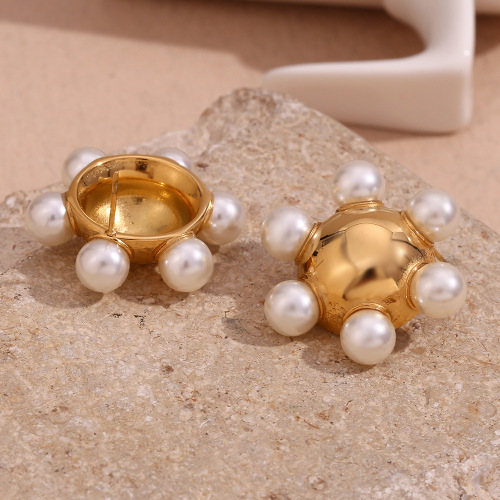 ETSMJ756 18K Gold Plated Stainless Steel Pearl Smooth Round Wheel Stud Earrings Women's Fashion Jewelry