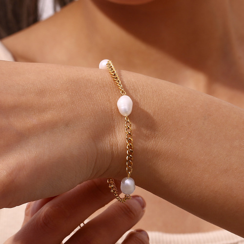 BTSMJ60 Jewelry bracelet women wholesale stainless steel Cuban chain three pearl bracelet