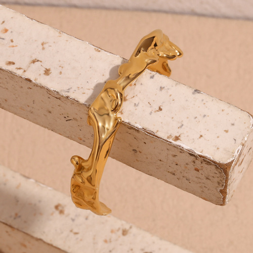 GTSMJ40 Stainless steel 18K gold plated open irregular hammered wave bracelet women